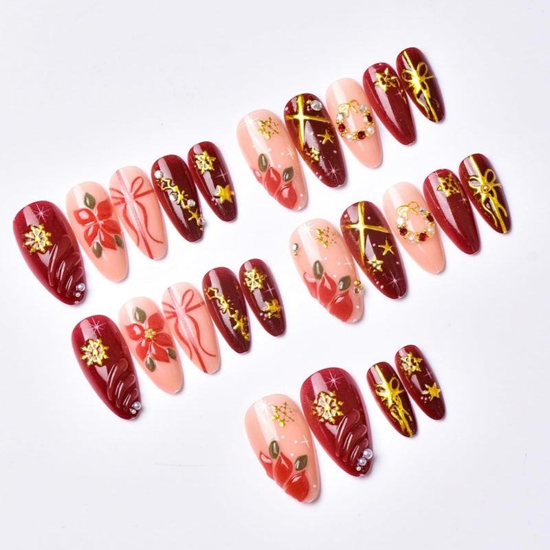 SEENEEY Christmas Press on Nails Almond Medium Long Fake Nails Red Artificial Nail 3D Flowers with Gold Charm Designs Sparkly Stick on Nail for Women 24pcs - Image 3
